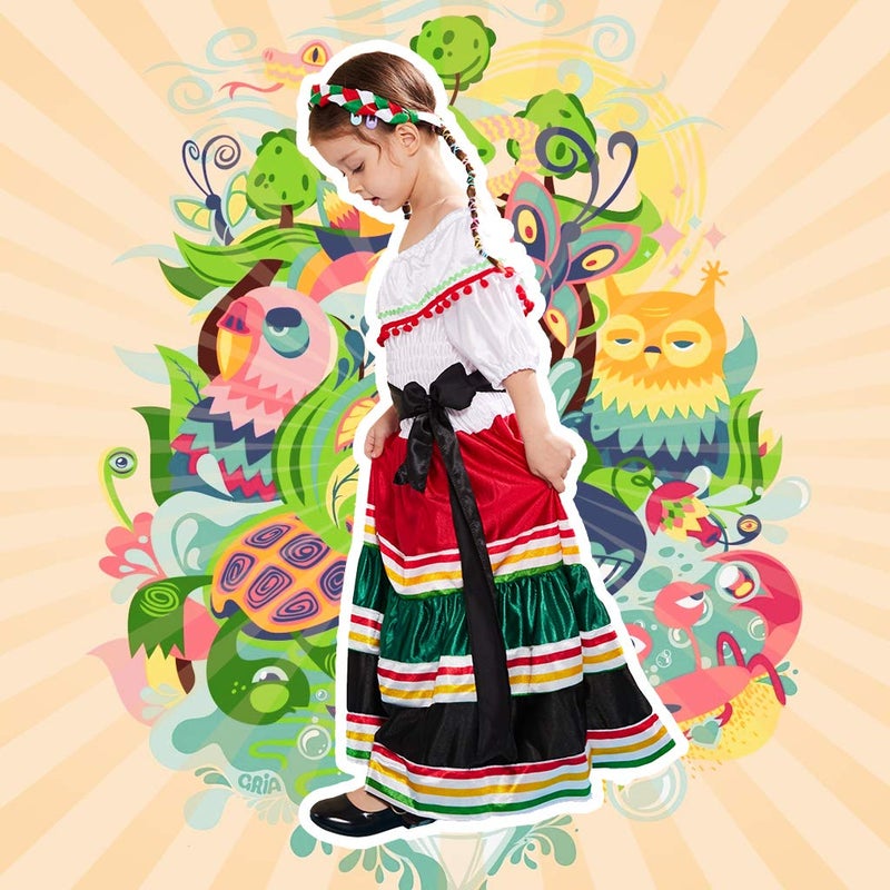ReneeCho Mexican Dress for Girls Halloween Costume Kids Traditional Senorita Blouse Flamenco Dance Skirt - Image 5